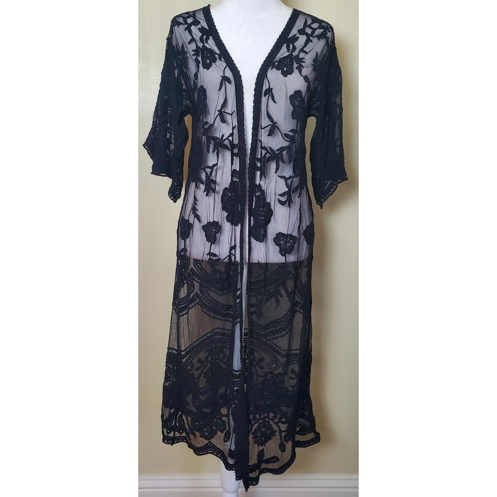 Black Sheer Lace Kimono Duster Boho‎ Dark Romantic Festival Whimsigoth Witchy